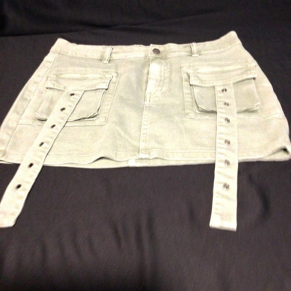 Utility‎ Cargo Denim Mini Skirt Sage Green Grommet Strap Streetwear Y2K Style